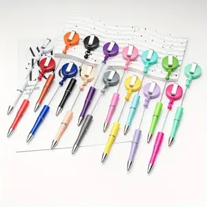 16pcs one color each badge beadable pens, black ink, bead DIY pen badge, pull-out ballpoint pen, pull tab pen for nurse's office