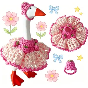 Desk Goose Outfits 7 Inches Handmade Crochet Pink Strawberry Dress Clothes and Hat for Mini Magnetic Porch Goose Statue, Cute Knitting Geese Decor Accessories for Summer, Birthday, Easter