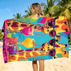 1pc with Vibrant Animal Cartoon Pattern with Giraffes and Tropical Drinks Beach Towel Unisex for Men Women Absorbent Portable Soft Lightweight Quick Dry Suitable for Beach Camping Swimming Diving Surfing Travel Essential Easter Gift Summer Gift
