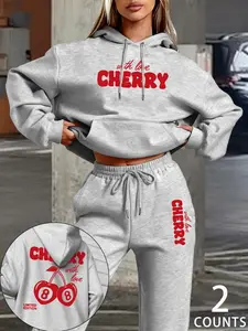 Women's Fall Winter Cherry Letter Print Hoodie and Jogger Pants Set, Casual Loose-Fitting Sweatshirt, Long Sleeve, 2pcs/4pcs, Outfit, Drawstring