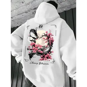 Men's Casual Hooded Sweatshirt, Dragon & Cherry Blossom Print, Drawstring Pocket Long Sleeve, Fall Winter Streetwear