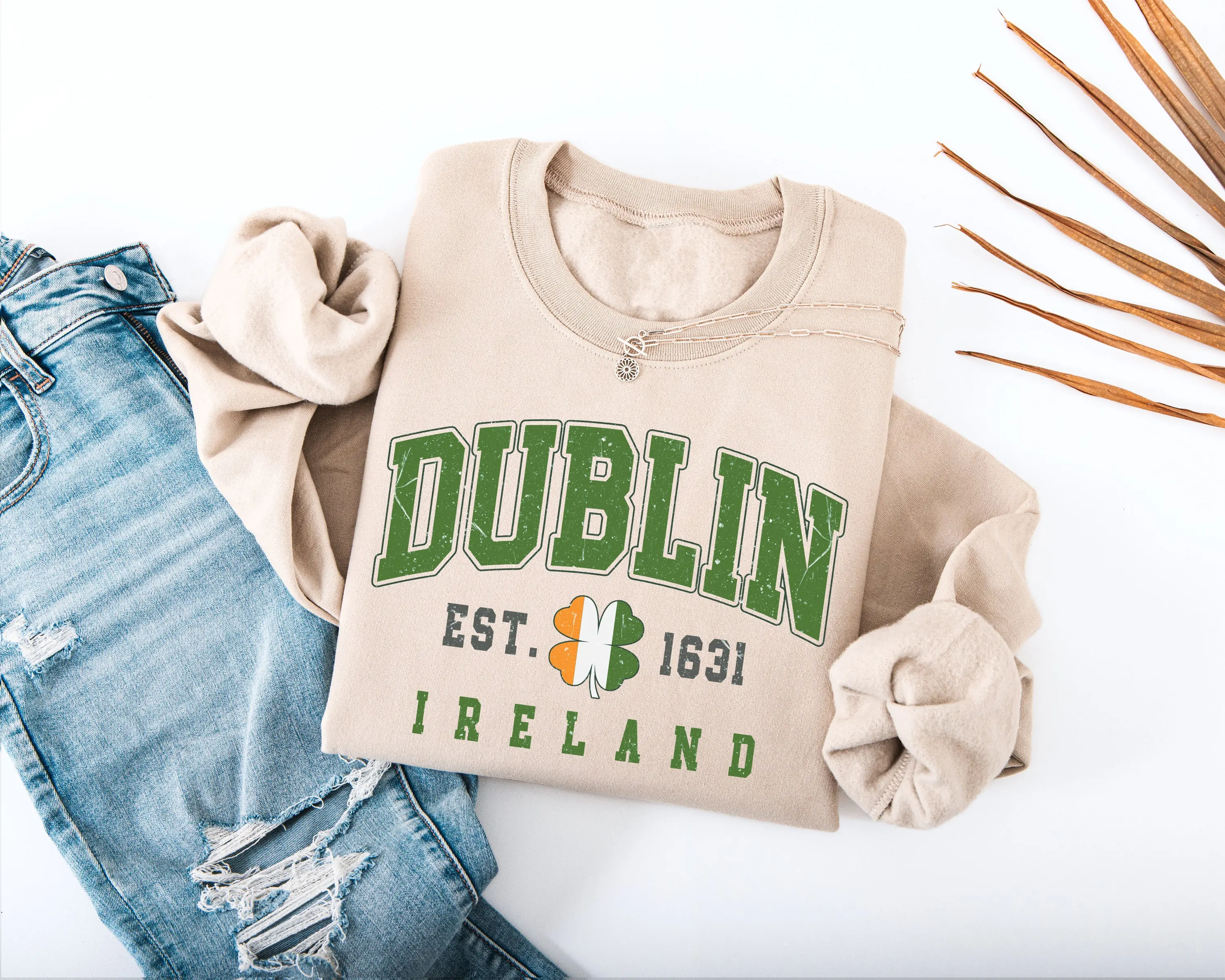Dublin Ireland Adult Sweatshirt Vintage Style Bold Collegiate Lettering Classic Shamrock Emblem Soft Cozy St Patrick's Day Wear - Hello Handpressed