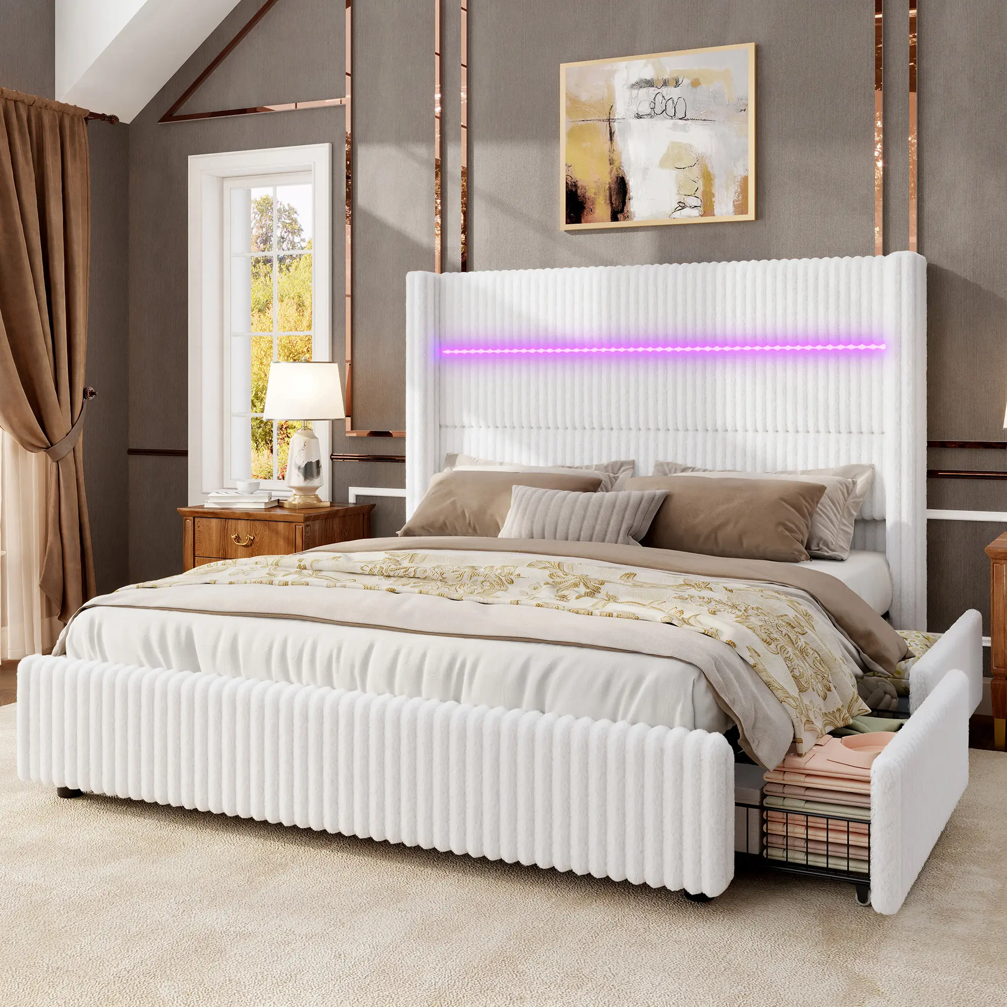 [Summerwins] [SummerFinds] AMERLIFE Corduroy Upholstered Bed Frame with 4 Storage Drawers & 51.2" Tall Wingback Headboard, LED Platform Bed with Charging Station, No Box Spring Needed