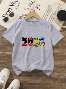 Boy And Girl Summer Short-Sleeved Round-Neck T-Shirts, Cute Graphic Tee, Cartoon Mickey And Minnie Digital Print Tops, Casual Children's Clothing With Childlike Charm, Suitable For Various Daily Outfits