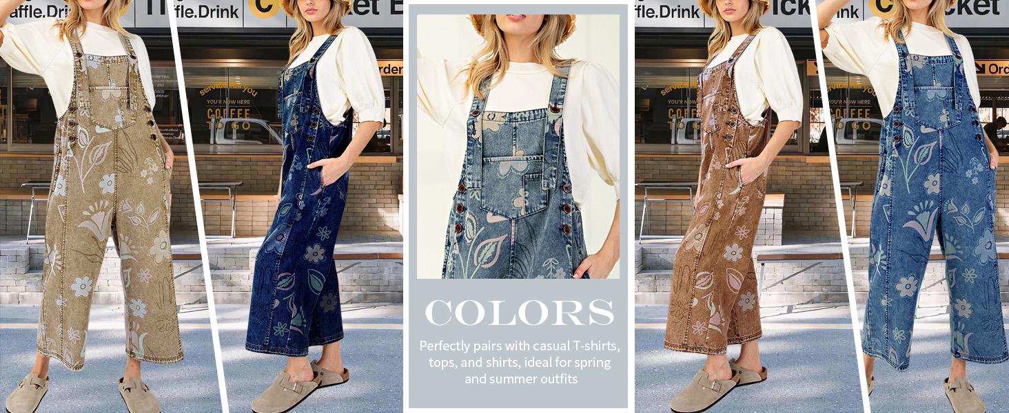 Chouyatou Women's Y2K Casual Denim Jumpsuits Baggy Floral Printed Distressed Wide Leg Bib Overalls