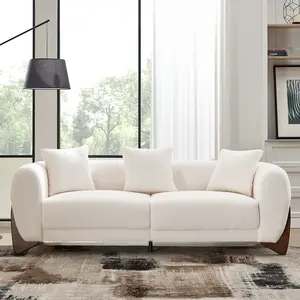 87in Sherpa Boucle Cloud Couch Modern 3 Seater Sofa with Solid Wood Legs, 25in Extra Deep Seat, Comfy Thick Cushion Upholstered Sofa Couches with 3 Pillows for Living Room, White
