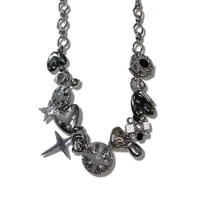 Silver Chunky Charm Necklace Y2K Star Butterfly Statement Jewelry