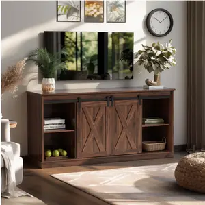 TV Stand for Televisions up to 65 Inch, Entertainment Center with Sliding Barn Doors, Storage Cabinets and Media Shelves, Living Room Console Table, Rustic Brown