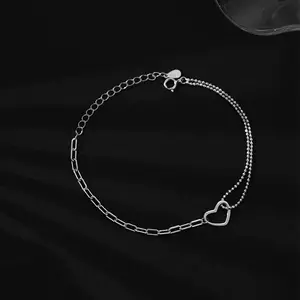 925 Sterling Silver Heart Bracelet, Double Chain Fashion Jewelry, Simple Style Wrist Accessory for Girls Daily Wear and Casual Matching