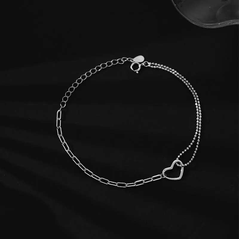 925 Sterling Silver Heart Bracelet, Double Chain Fashion Jewelry, Simple Style Wrist Accessory for Girls Daily Wear and Casual Matching