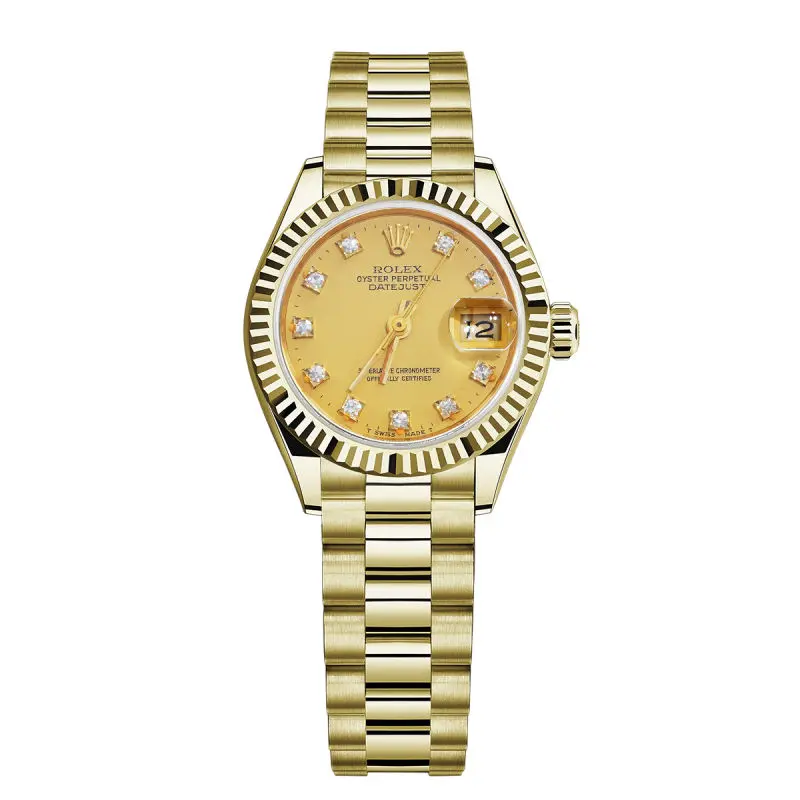 Rolex Lady-Datejust 26 69178 Automatic 18K Yellow Gold Fluted Bezel Champagne Factory Diamond Dial President Bracelet Watch WHP042468/WHP042331