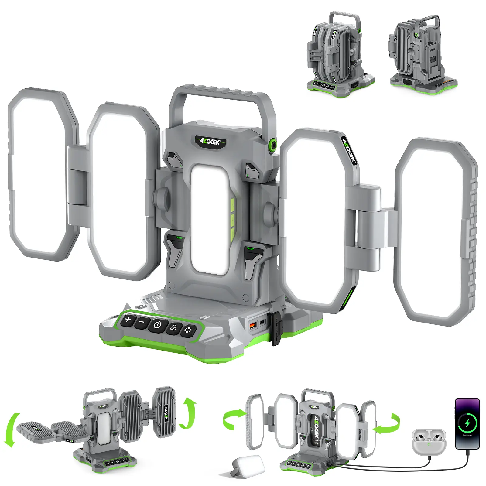 Azocek 10000LM Cordless LED Work Light Compatible with Ryobi 40V Battery, Portable 4-Panel Foldable Outdoor Work Light for Backyard Projects, Yard Work, Night Fishing & Hurricane Emergencies, Detachable Magnetic Mini Light [Battery Not Included]