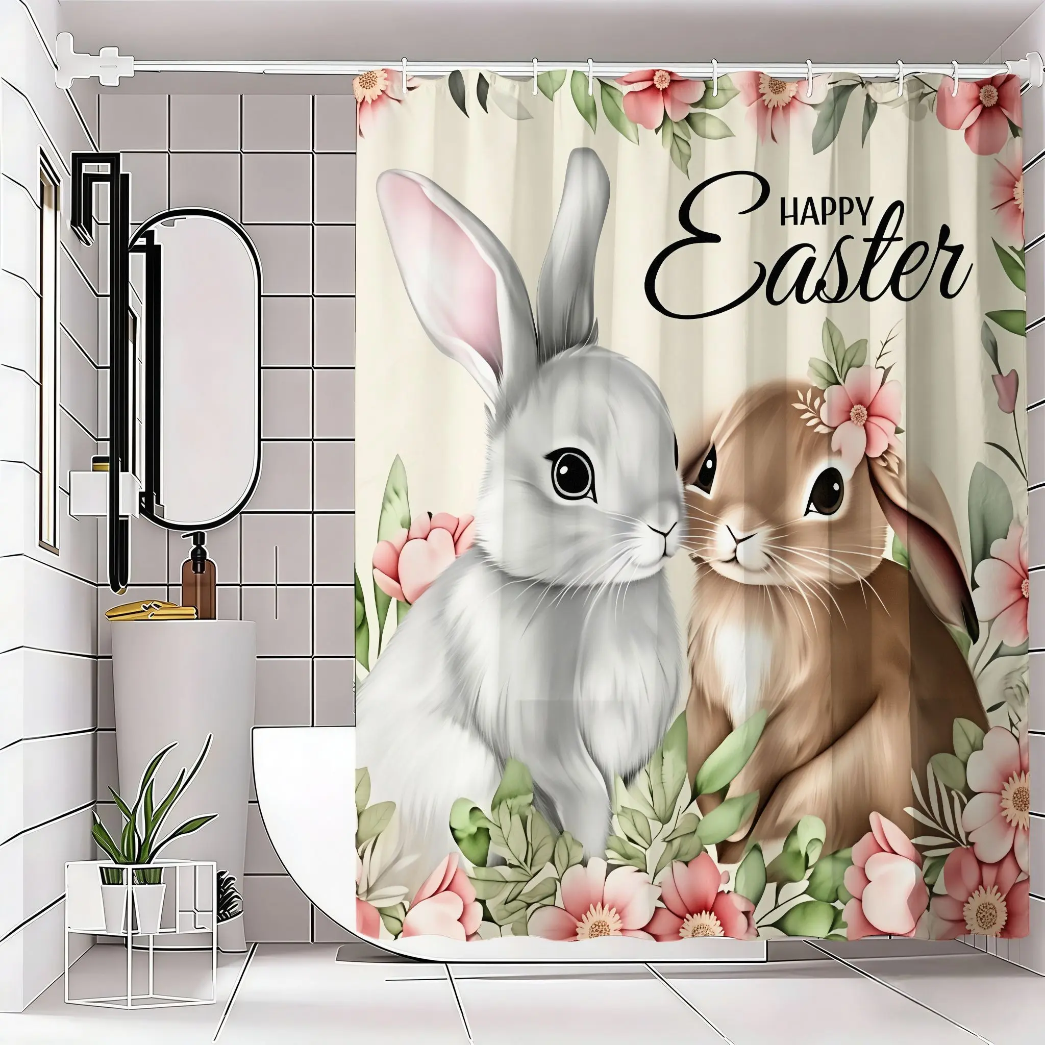 Easter Shower Curtain with Rabbit Design, Happy Easter Text, Floral Pattern, Ideal for Bathroom Decor, Festive Home Accessory