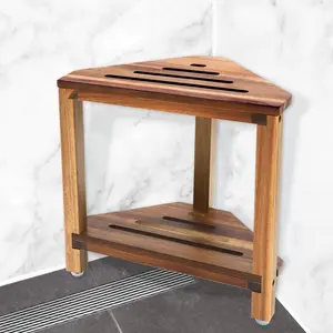 Corner Shower Stool with Storage Shelf, Shower Foot Rest for Shaving Legs, Small Bench for Inside Shower to Sit on, Acacia Wood Bath Seat