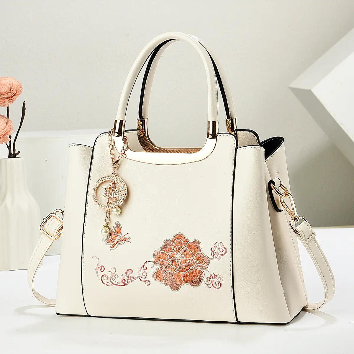 Women's Embroidered Handbag Purse - PU Leather, Adjustable Strap, Chic, Elegant, Versatile Everyday Carry Bag, Ideal Gift for Middle-Year Mothers