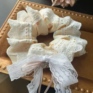 Artivelle Handmade Hair Scrunchie - Dainty Dream with Lace Trim, Soft Fabric, and Bow Detail