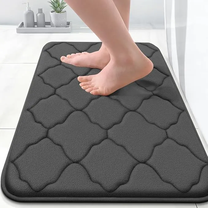 OLANLY Thick Velvet Memory Foam Bath Mat Rug (24x16in), Ultra Soft Cushion, Absorbent, Anti-Slip, Machine Washable Modern Bathroom Carpet for Tub, Shower, Home Decor Accessories, Black
