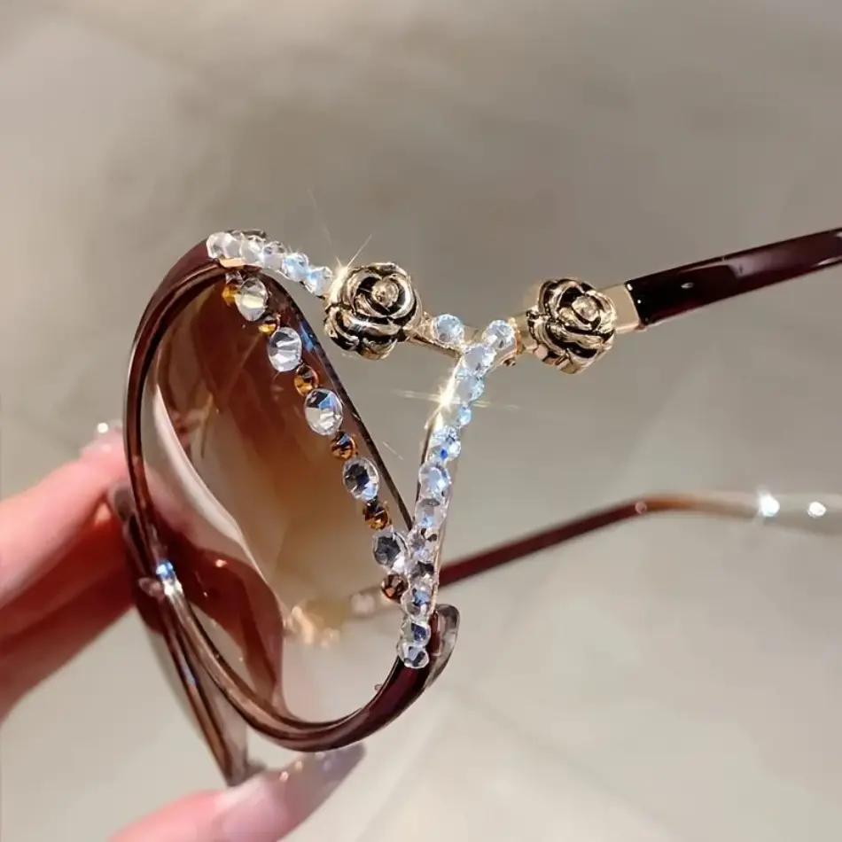 Oversized Vintage Floral Sunglasses with Rhinestones - Full Rim Female Glasses Vanity with UV-Protection Lens for Casual Outdoor Wear