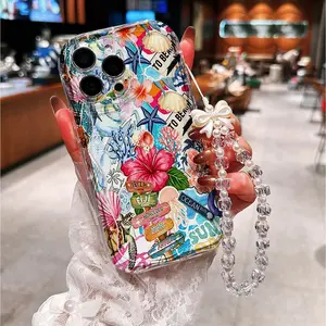 Tropical Hibiscus Starfish Vintage Travel Stickers Collage Phone Case Y2K Aesthetic Shockproof Wear-resistant Precise Holes Beaded Strap with Flower Charm for iPhone11-17promax Compatible IPhone11/12/13/14/15/Promax16/16Promax/16pro/16plus