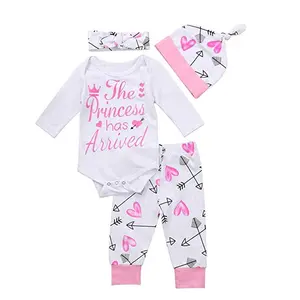 Newborn Baby Girl Clothes Outfits The Prince Has Arrived Long Sleeve Romper Bodysuit+ Arrow Love Print Long Pants + Hat + Headband Coming Home Outfits