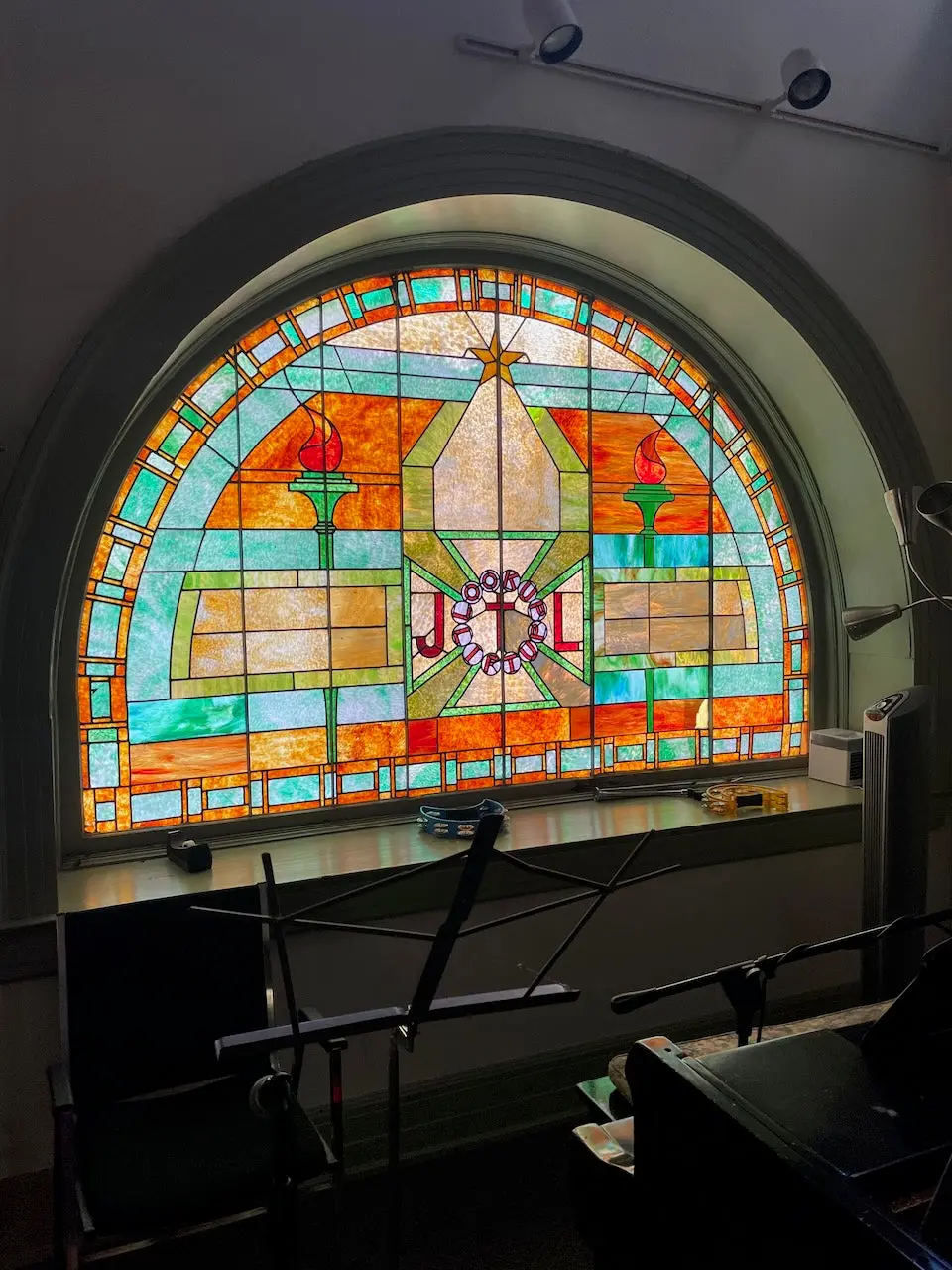 Antique Tiffany Style Salvaged Stained Glass Arch Semi Circle Window