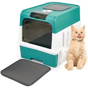 Cat Litter Box with Litter Mat, 18"x14"x13" Large Litter Box for Big Cats, Enclosed Removable Litter Boxs, Front Entry Top Exit Kitty Box, Odor Control, Easy to Clean (Green)