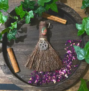 Celtic Pentacle Witch's Broom, Crystal Witchy Altar Besom with Unakite