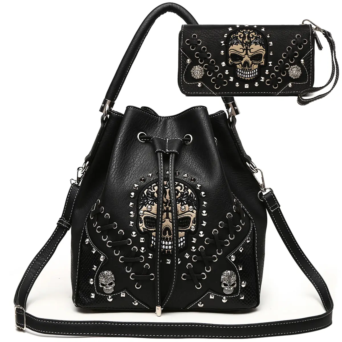 Black Leather Skull Studded Crossbody Bucket Bag Combo