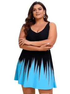 Plus Size Black & Blue Gradient Tummy-Covering Skirted One-Piece Swimsuit Conservative Swimwear For Curvy Figures Slimming Hides Bulges Beach Vacation Skirted Swimwear Plus Size V-Neck Drawstring One-Piece Swimsuit Thermal/Hot Spring Conservative Skirted