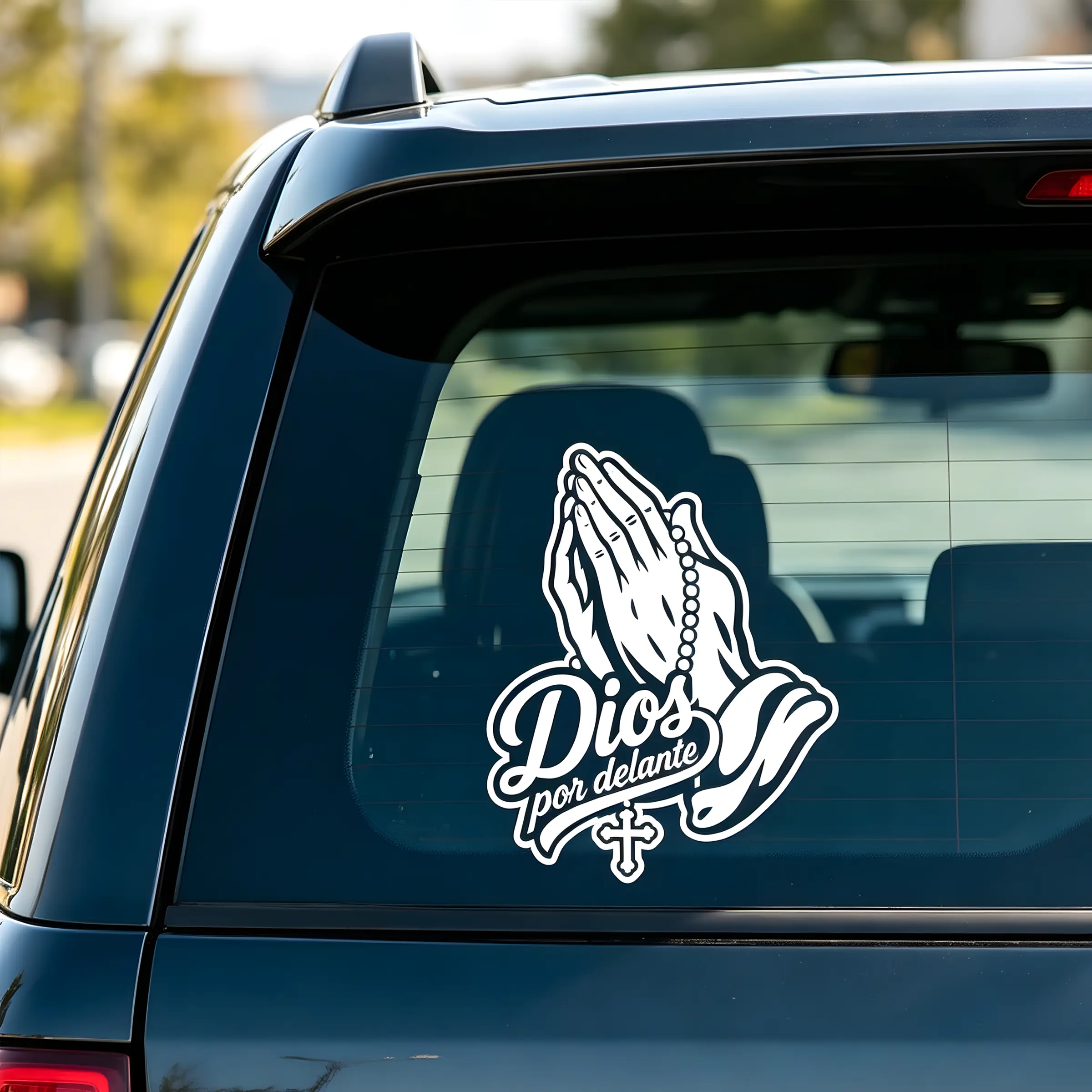 2 PCS Self-Adhesive Holographic & White Religious Faith Car Stickers, Decorative Praying Hands Dios Por Delante Vinyl Decals, Auto Accessories for Car Exterior with Faith Showcasing Feature