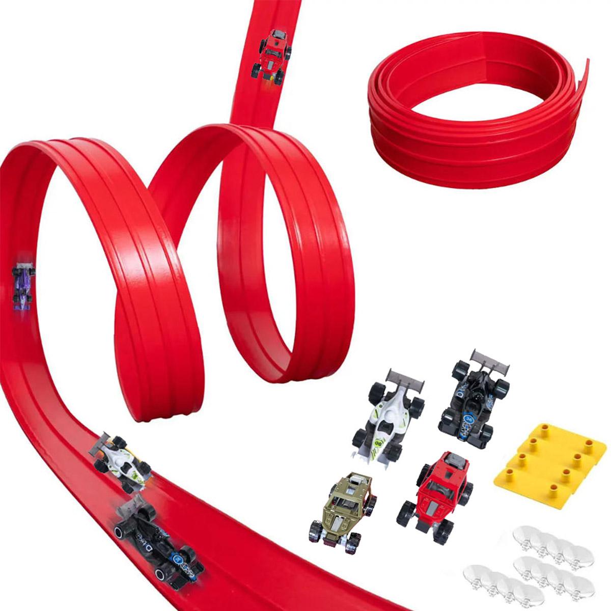 12.8 ft children’s elastic racing track, 1:64 die-cast racing toys, roll-up portable racing track, includes 4 cars and suction cups, birthday and Christmas gift for boys and girls ages 3+.