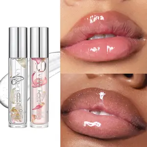 HANDAIYAN Flower Lip Gloss - Crystal Clear Glass Lips with Real Dried Flowers - Hydrating Plumping Lip Gloss, Shiny Mirror Finish Lip Tint