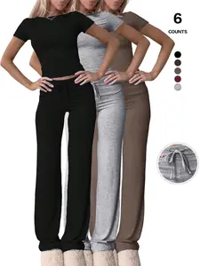 Women's 2 Piece Lounge Sets Straight Leg Pants Set Short Sleeve Crewneck Crop Tops and Long Pants Tracksuit Outfits Solid Tracksuit