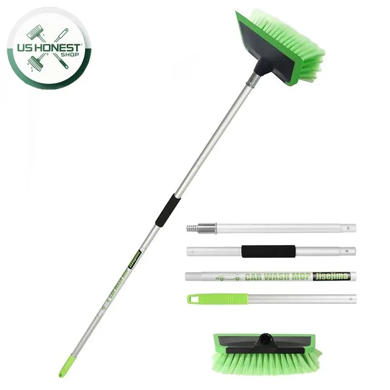 60"(151cm) Adjustable Long Handle 2 in 1 Car Wash Brush with Built-in Squeegee, PBT Anti-Shed Soft Bristle, for Interior & Exterior Cleaning, Fits Car Truck RV Boat House Siding & Snow Removal