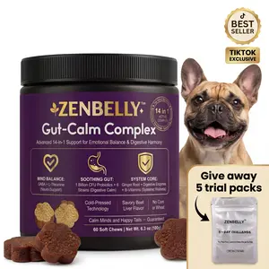 [Buy 1 Get 5 FREE Chews] ZENBELLY Dog Gut-Calm Complex, 14-in-1 Advanced Probiotics & Calming Soft Chews for Separation Anxiety, Stress Relief & Digestive Support, Savory Beef Liver Flavor, 60 Chews