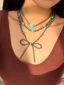 Boho Style Bow Design Necklace, Vintage Ethnic Style Beaded Necklace Set for Women & Girls, Fashion Jewelry for Party, Daily Decor, Trendy All-match & Exquisite Jewelry for Birthday Gift