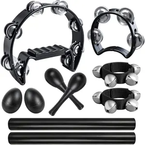 10 Pcs Black Tambourines for Adults - Half Moon Tambourine, Wood Rhythm Sticks, Bells Tambourine, Wrist Bells, Egg Shakers, a Pair Maracas, Musical Percussion Instrument Set for Church,Party