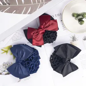 Eenty 3 Pieces Hair Snood Net Bun Cover Knit Hairnet Bow Bowknot Decor Barrette Hair Clip for Women Mesh Work Hairnets, Black & Navy Blue & Red