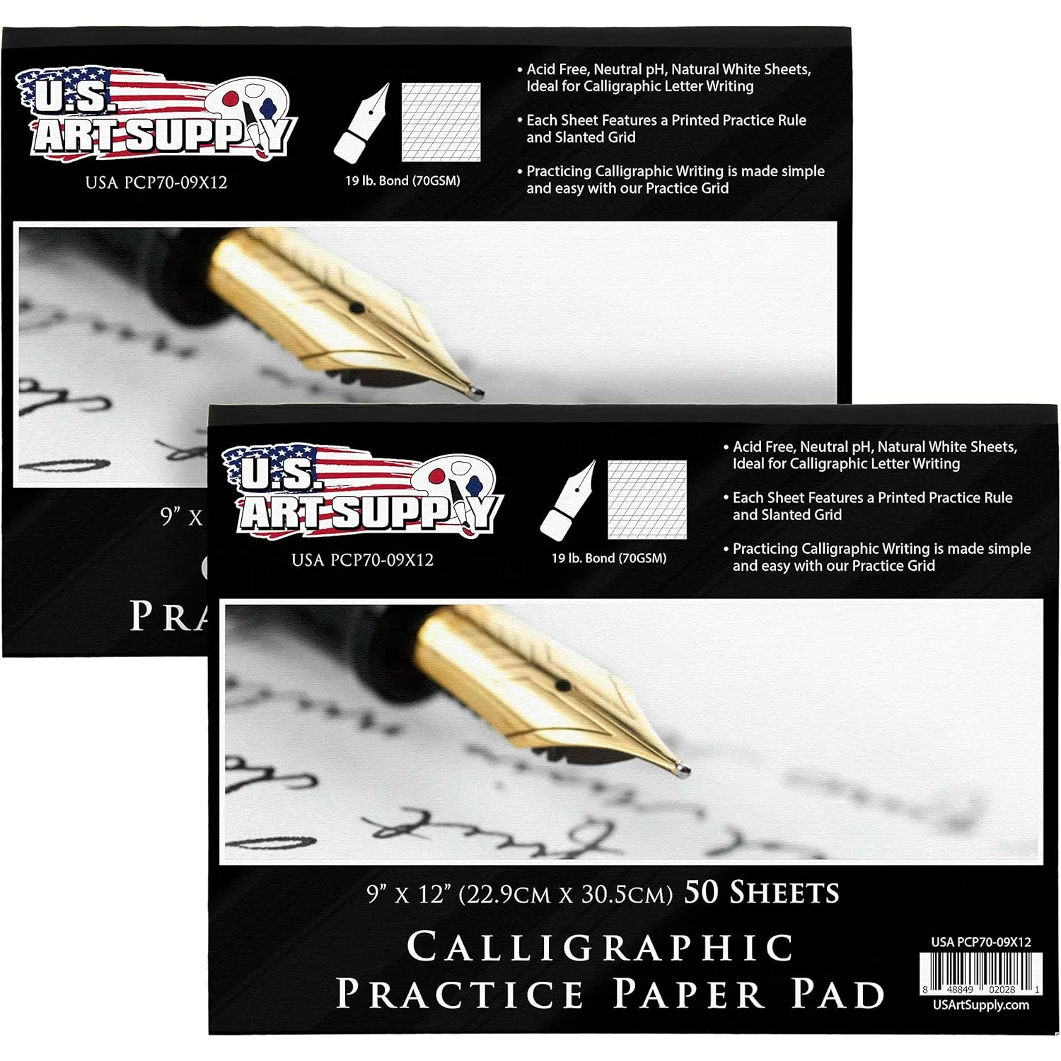 U.S. Art Supply (Pack of 2 Pads) - 9" x 12" Premium Calligraphic Practice Paper Pad, 19 Pound Bond (70gsm), Pad of 50-Sheets, Calligraphy Paper with Printed Practice Rule and Slanted Grid