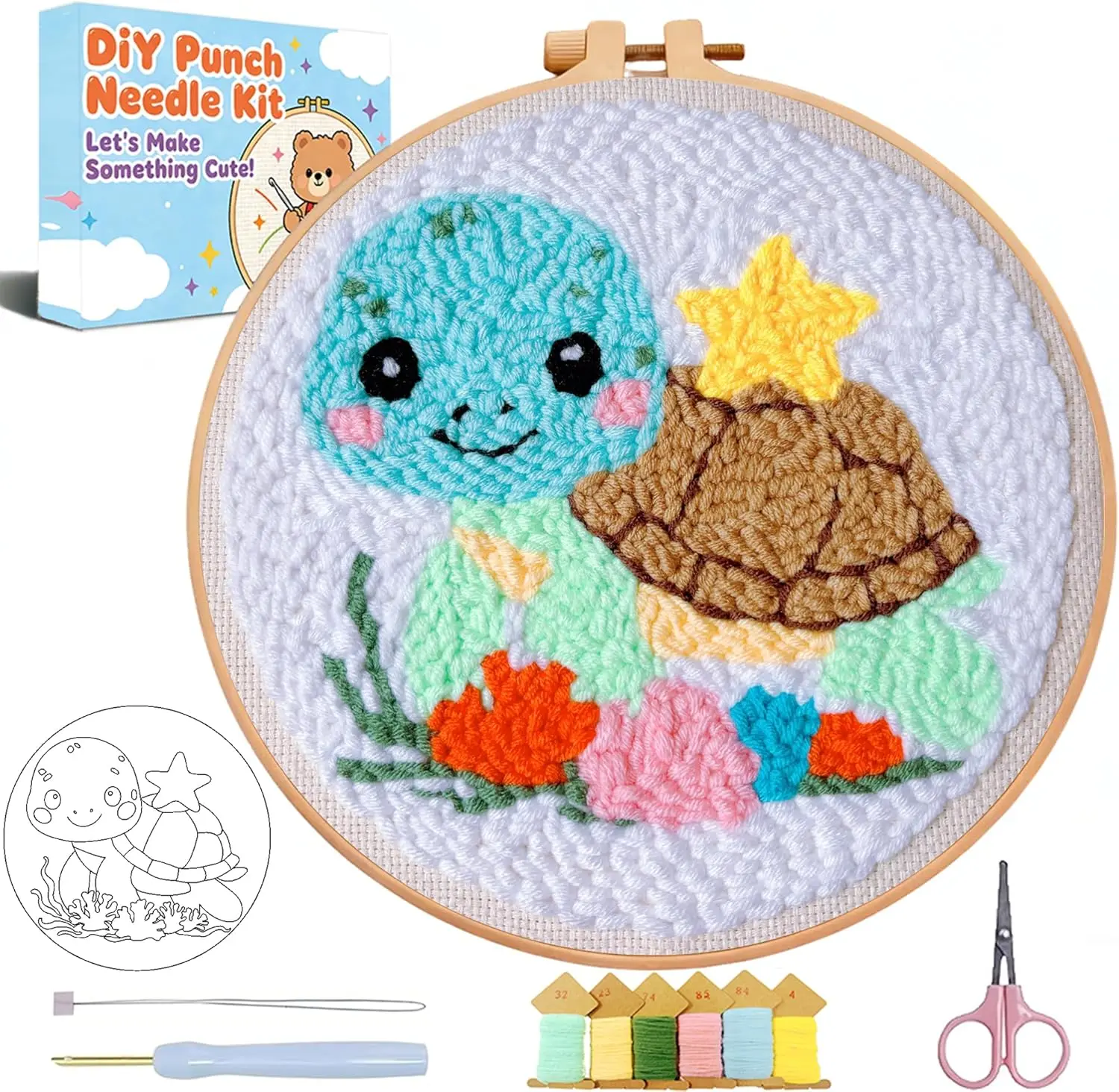 Punch Needle kit for Beginners,Turtle Punch Needle Kits for Adults Beginners,DIY Crafts for Girls 8-12 Punch Needles Kits, Art and Craft for Women Embroidery Hoop 7.87x7.87inch
