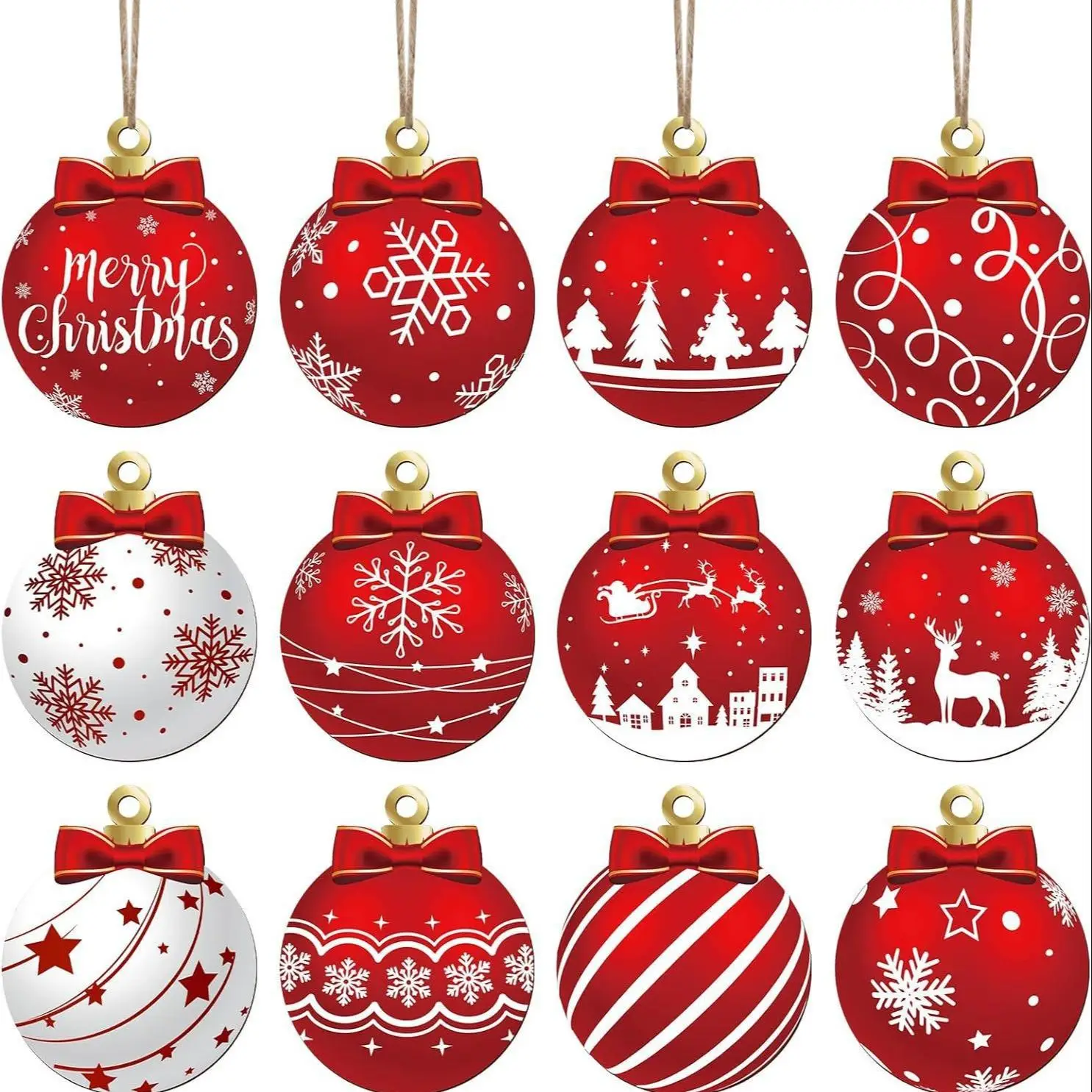 Christmas Ball Ornament, 12pcs/set Wooden Hanging Ornament, Ball Shape Pendant for Xmas Home Indoor Decorations