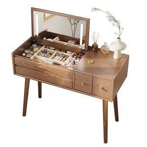 【Eco-Friendly】Elegant Handicraft Vanity, 100% Solid Wood - NO MDF, with Mirror and Lights, Dressing Vanity Table, Large Wooden Make Up Vanity Table for Bedroom (with Adapter)