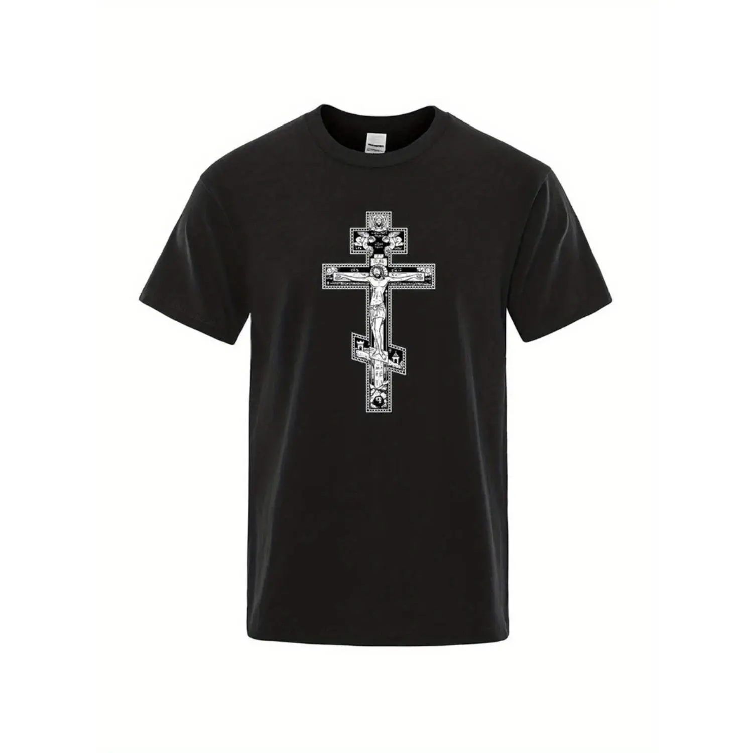 Comfortable Plus Size Mens TShirt with Gothic Dark Style Orthodox Cross Featuring Little Angel and Casual Summer Design