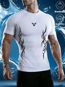 Men's Quick-Dry Moisture-Wicking Compression Shirt, High Stretch Breathable Fabric, Geometric Pattern, Portable Durable Sports Wear