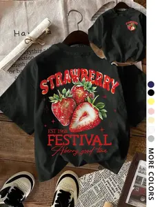 Cute Strawberry Print Round Neck Short Sleeve Top, Casual Fashion for Daily Wear, Outdoor, Shopping, Comfortable Sleepwear