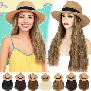 Straw Sun Hat with 16inch Synthetic Hair Extensions Long Wavy Curly Wig Wide Brim Women Adjustable Cap Detachable Hairpiece for Summer