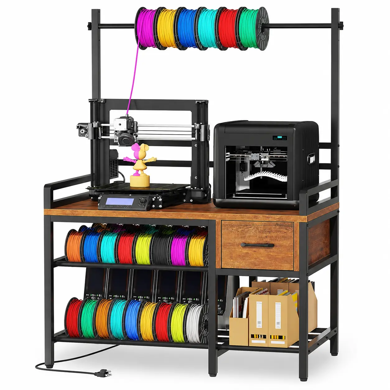 3D Printer Workbench Stand with Adjustable Filament Spool Holder, Filament Storage Racks, Wooden Drawer, Built-In Power Strip with 2 AC Outlets and 2 USB Ports, Storage Shelves for Makerspaces, Studios, Workshops, and Home Offices