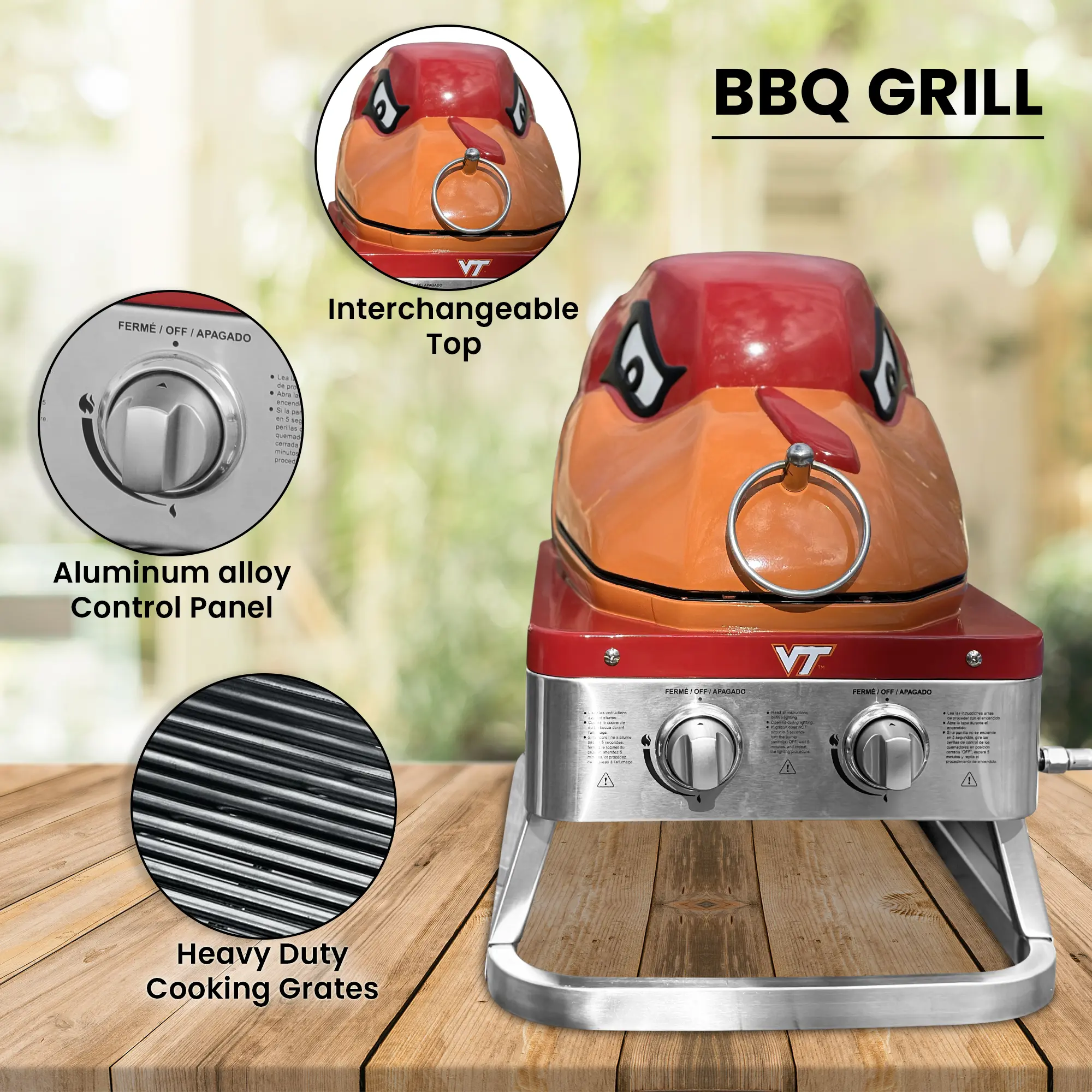 Virginia Tech Hokie Stainless Steel BBQ Grill - Interchangeable Top, 16,000 BTU Portable Gas Grill for Football Fans and BBQ Lovers