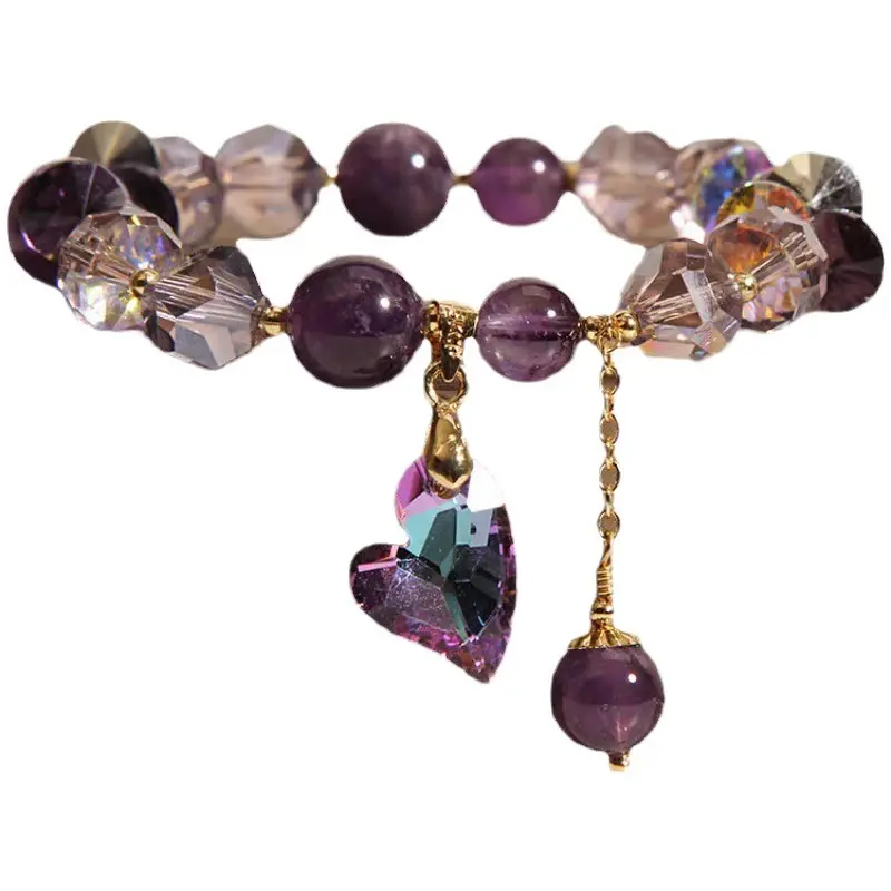 Antique Purple Heart Crystal Beads Bangle - Natural Amethyst Gemstone Charm, Geometric Unique Design, Love Theme Fashion Accessory for Fashion-Forward Adults, Elegant