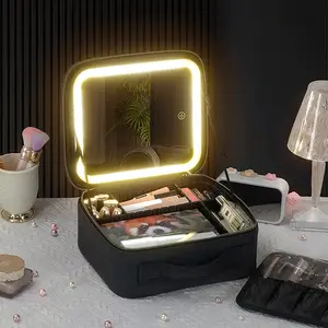 Portable Storage Bag Large Capacity Travel Cosmetic Makeup Bag with 3 in 1 LED Light Mirror